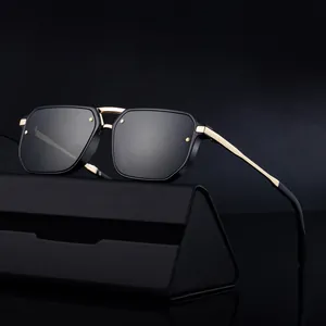 Polarized square sunglasses for men with metal double bridge and folding case