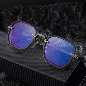 Modern square retro punk sunglasses with blue-purple lenses on industrial black rock