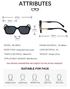 Tableau détaillé des tailles de lunettes de soleil carrées avec branches en métal