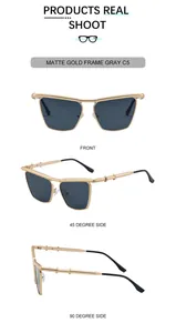 Detailed views of matte gold sunglasses with gray lenses and double ring temple accents