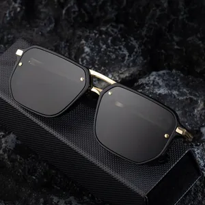 Polarized square sunglasses for men with double metal bridge on dark rock background