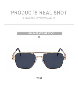 Détail de lunettes de soleil carrées dorées avec double pont et verres gris