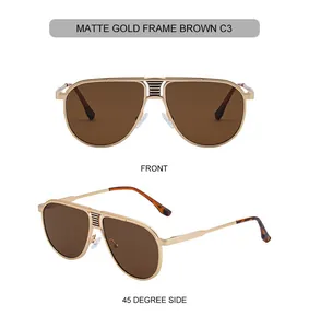 Front and side view of matte gold pilot sunglasses with brown lenses and metal frame