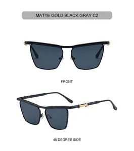 Detailed front and 45 degree side view of matte black sunglasses with gold metal temples