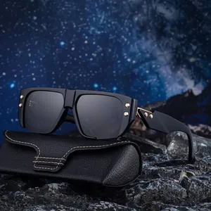 Fashionable square frame sunglasses for men with golden rivets and black leather case
