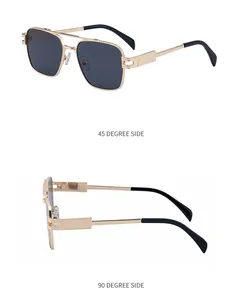 Affichage double vue de lunettes de soleil carrées dorées montrant les détails latéraux