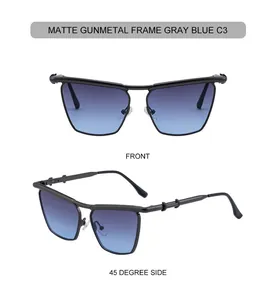 Detailed front and 45-degree side views of matte gunmetal cat-eye sunglasses