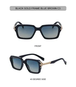 Vue détaillée des lunettes de soleil carrées noir et or avec verres dégradés bleus