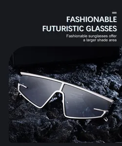 Macro shot of futuristic silver metal sunglasses featuring a wide-shield dark lens