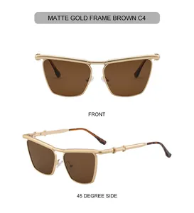 Front and side view of matte gold square cat eye sunglasses with brown lenses