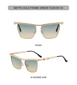 Front and 45-degree side views of matte gold metal frame cat eye sunglasses with C6 lenses