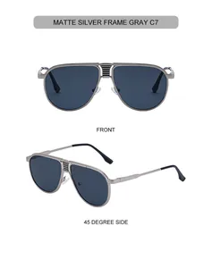 Detail view of matte silver pilot sunglasses with gray lenses and double bridge design