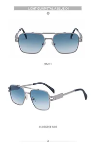 Vues de face et de profil de lunettes pilote carrées en métal gris clair et verres dégradés