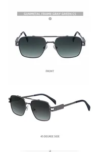 Détails de lunettes gunmetal à double pont avec branches texturées et verres gris-vert