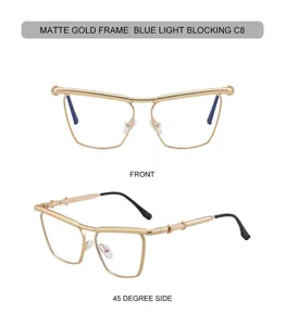Detail view of matte gold frame blue light blocking glasses with thick top bar