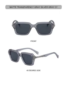 Vues de face et de profil de lunettes de soleil carrées gris mat avec détails argent
