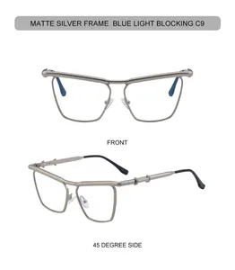 Detail of matte silver square frame glasses with blue light blocking lenses in side view