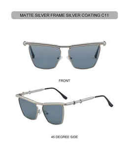 Front and side view of matte silver cat-eye sunglasses with industrial double-ring temples