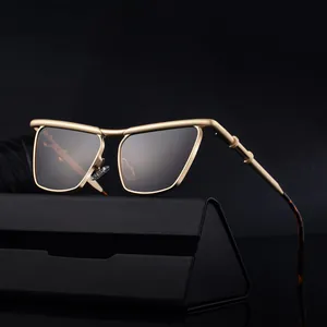 Retro square sunglasses with matte gold metal frame and dark polarized lenses with case