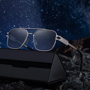 Lunettes de soleil rétro carrées pour hommes avec double pont et monture métal