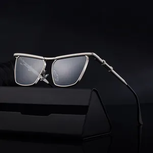 Modern cat-eye silver metal sunglasses for men with dark gray lenses and leather case