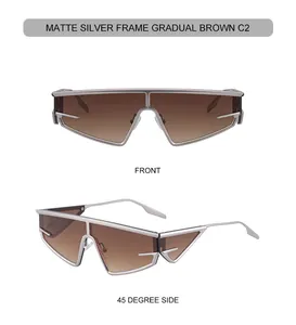 Futuristic matte silver cat-eye sunglasses with gradient brown lenses in detail
