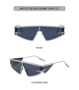 Macro view of matte silver cyberpunk sunglasses with wrap-around gray lenses and sharp lines