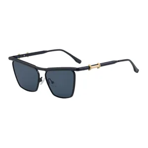 Modern cat-eye sunglasses with black frames, dark grey lenses and gold temple accents