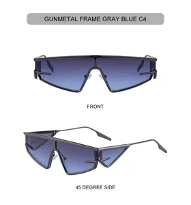 Front and 45-degree side view of gunmetal punk cat-eye sunglasses with gray blue lenses
