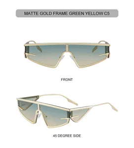 Front and 45-degree side view of matte gold metal sunglasses with green yellow lenses