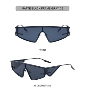 Front and side view of matte black geometric sunglasses with gray one-piece lens