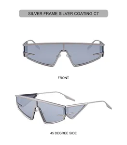 Futuristic silver metal geometric sunglasses with silver coated lenses in two views