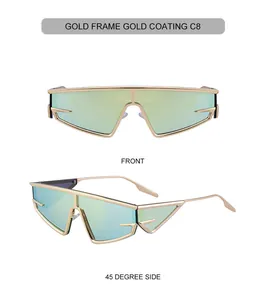 Front and 45-degree side views of futuristic gold wrap-around cat-eye sunglasses C8
