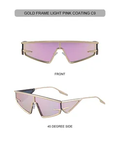 Close-up of futuristic gold cat-eye sunglasses with light pink mirrored lenses and side view