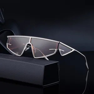 Futuristic cat-eye sunglasses with matte silver geometric frame on a black carbon fiber case