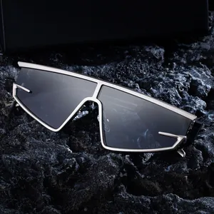 Futuristic silver metal cat-eye sunglasses with dark grey shield lenses for men