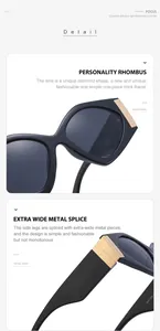 Detailed view of black diamond-shaped sunglasses with wide gold metal temple accents