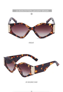 Front and side view of cat-eye sunglasses with bean pattern frames and gradient lenses