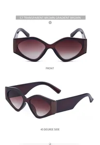 Detail view of geometric brown gradient sunglasses with thick frames from front and side angles