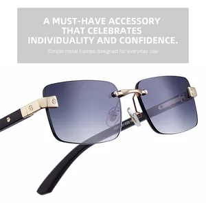Detalle de gafas de sol cuadradas sin montura con lentes degradadas y tornillos dorados
