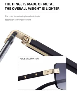 Primer plano de bisagra metálica y decoración lateral en gafas de sol cuadradas