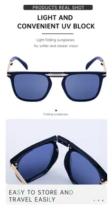 Détail de lunettes de soleil pliables montrant le design compact et les verres bleus carrés