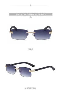 Vista frontal y lateral de gafas de sol cuadradas sin montura con lentes grises degradadas