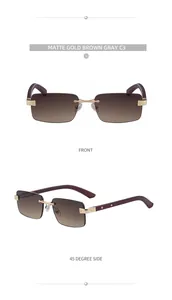 Detalle de gafas de sol cuadradas sin montura con lentes degradadas y patillas de madera