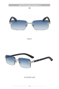 Primer plano de gafas de sol sin montura plata mate con lentes degradadas azules y tornillos