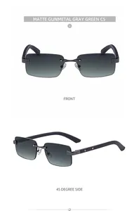 Detalle de gafas de sol cuadradas sin montura con lentes degradadas y montura mate