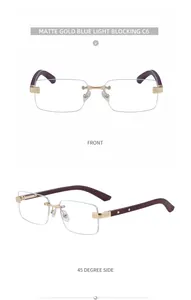 Vista detallada frontal y lateral de gafas cuadradas al aire con metal dorado mate y madera