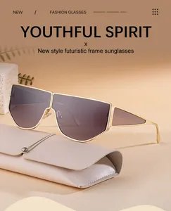 Futuristic shield sunglasses with golden frames and a premium beige leather pouch