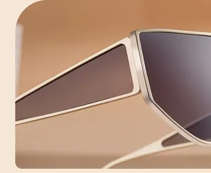 Detailed close-up of light gold geometric metal hinge and punk style dark brown lens