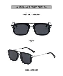 Detailed front and side views of black silver square frame polarized sunglasses